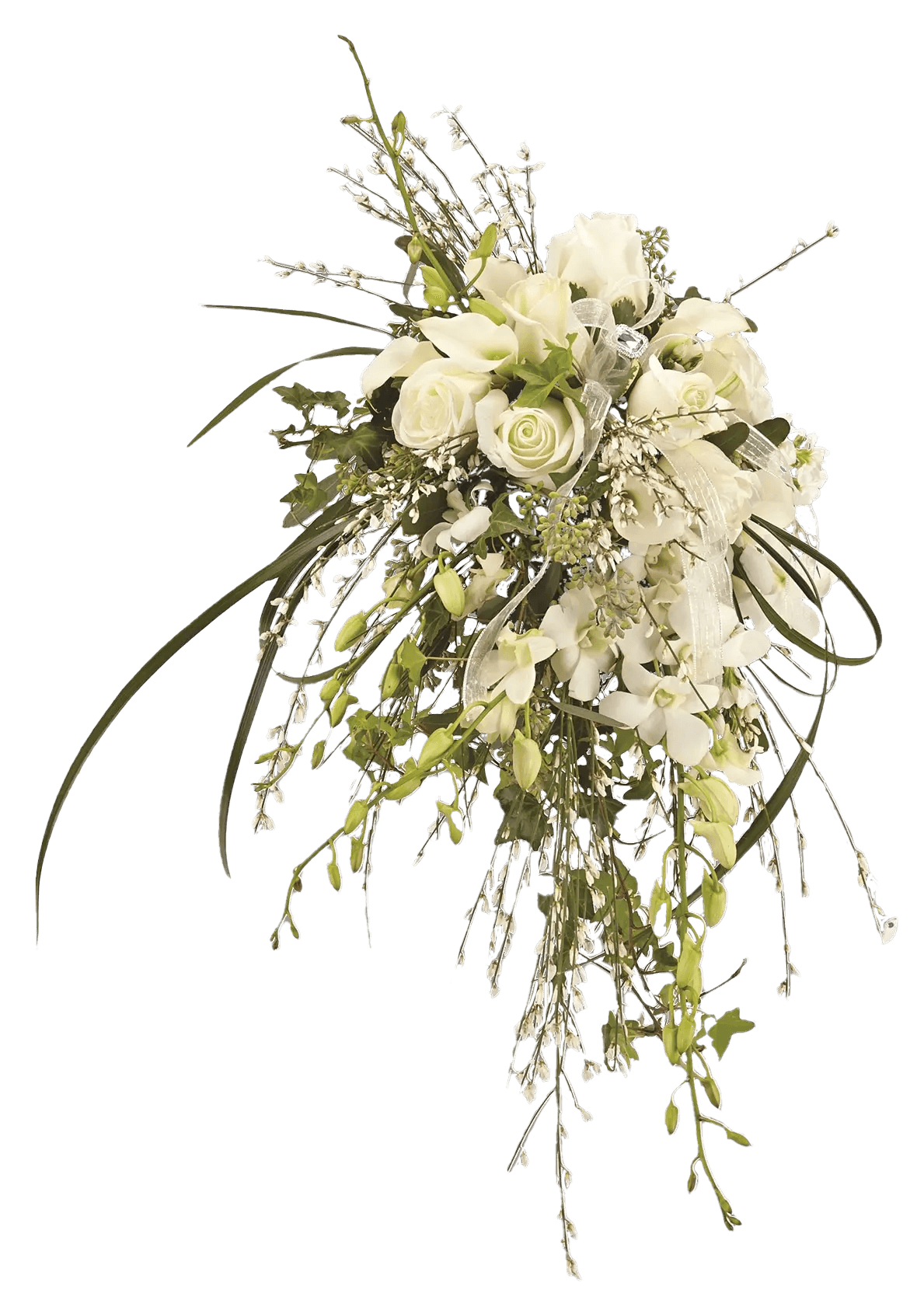 A cascade bridal bouquet with white roses, calla lilies, orchids and greens.