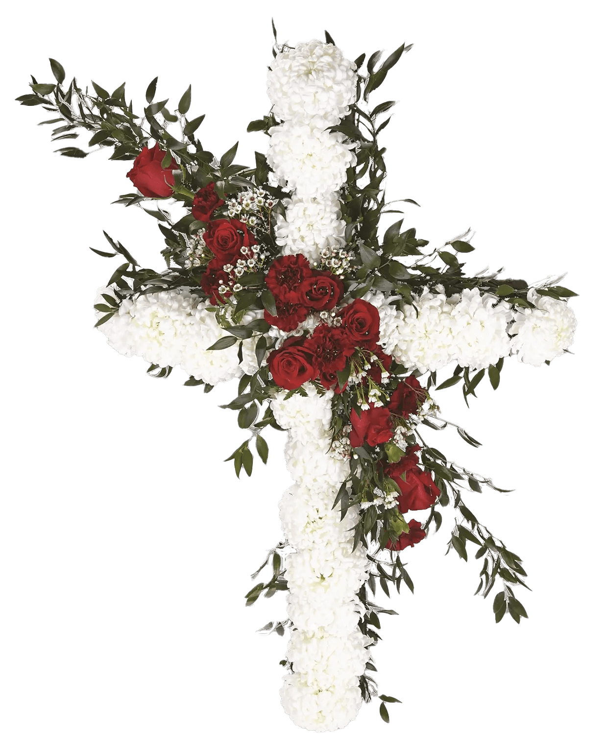 A sympathy cross made with white chrysanthemums and adorned with red roses and carnations and greens.