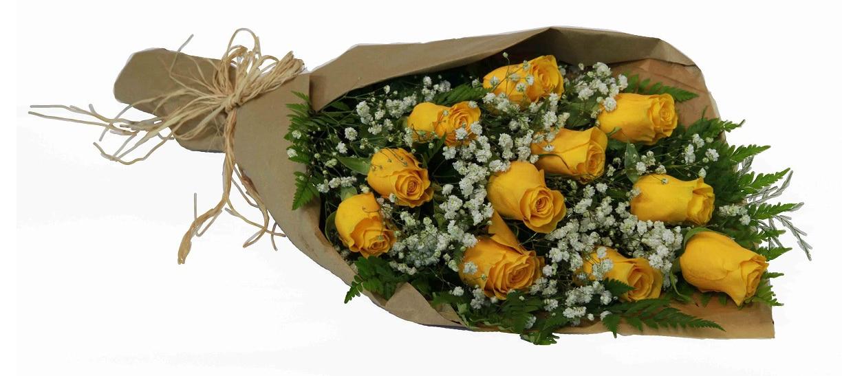 A dozen gift wrapped long stemmed yellow roses with baby's breath and greens.