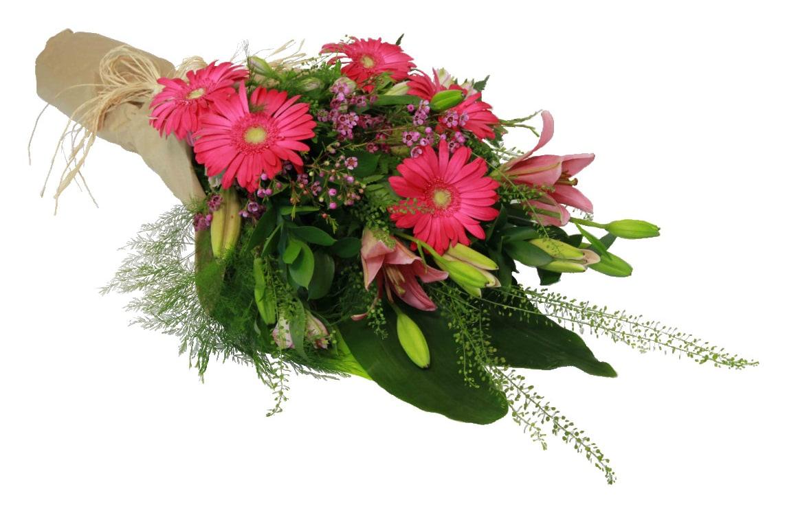 A gift-wrapped bouquet with pink gerberas, peace lilies and buds and greens.