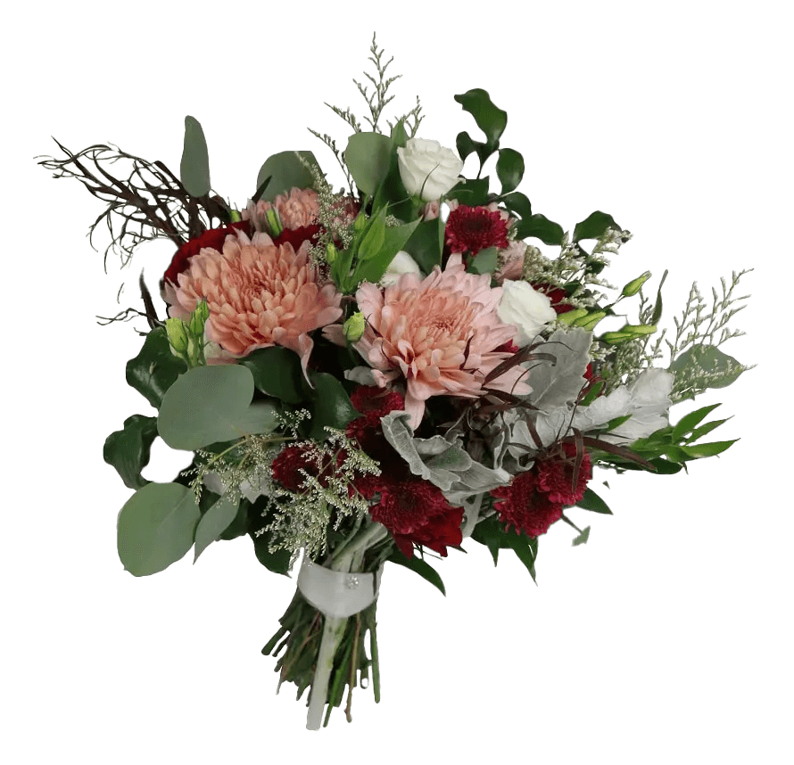 A hand-tied bridal bouquet with pink chrysanthemums, red carnations, white roses and greens.
