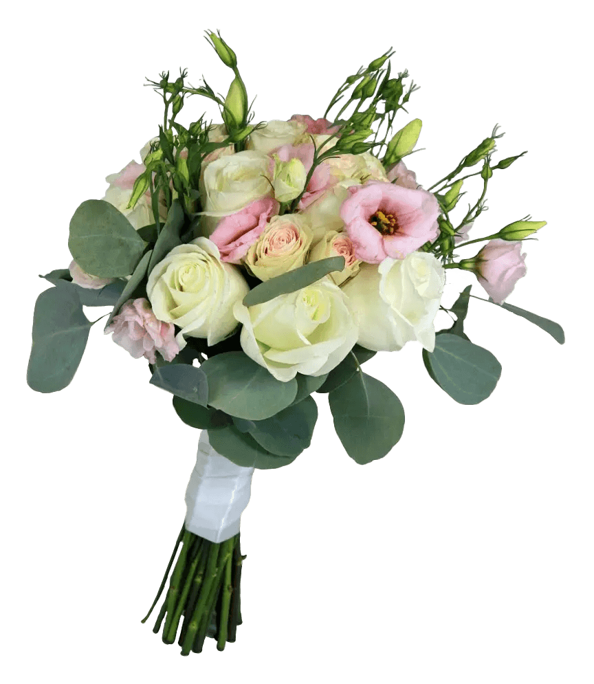 A hand-tied bridal bouquet with white roses, pink flowers and greens.