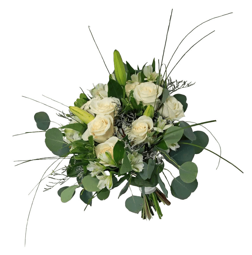 A hand-tied bridal bouquet with white roses, lilies and greens.