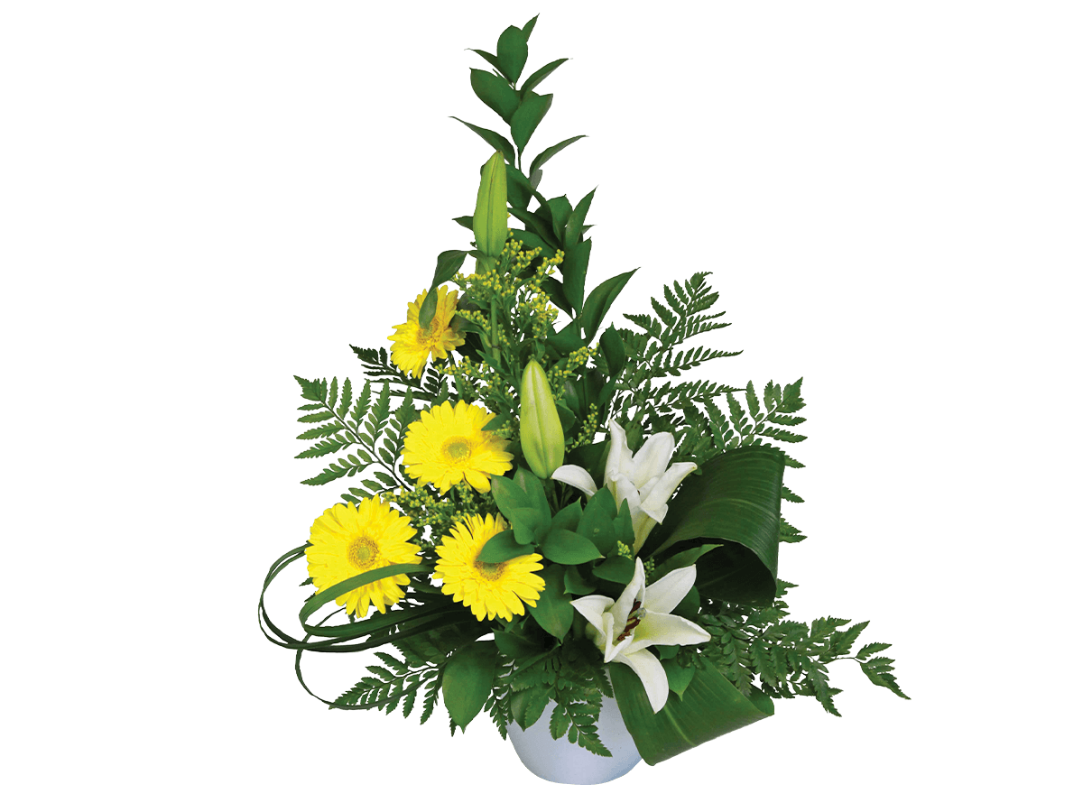 A fresh arrangement with yellow gerberas, white lilies, greens and fillers.