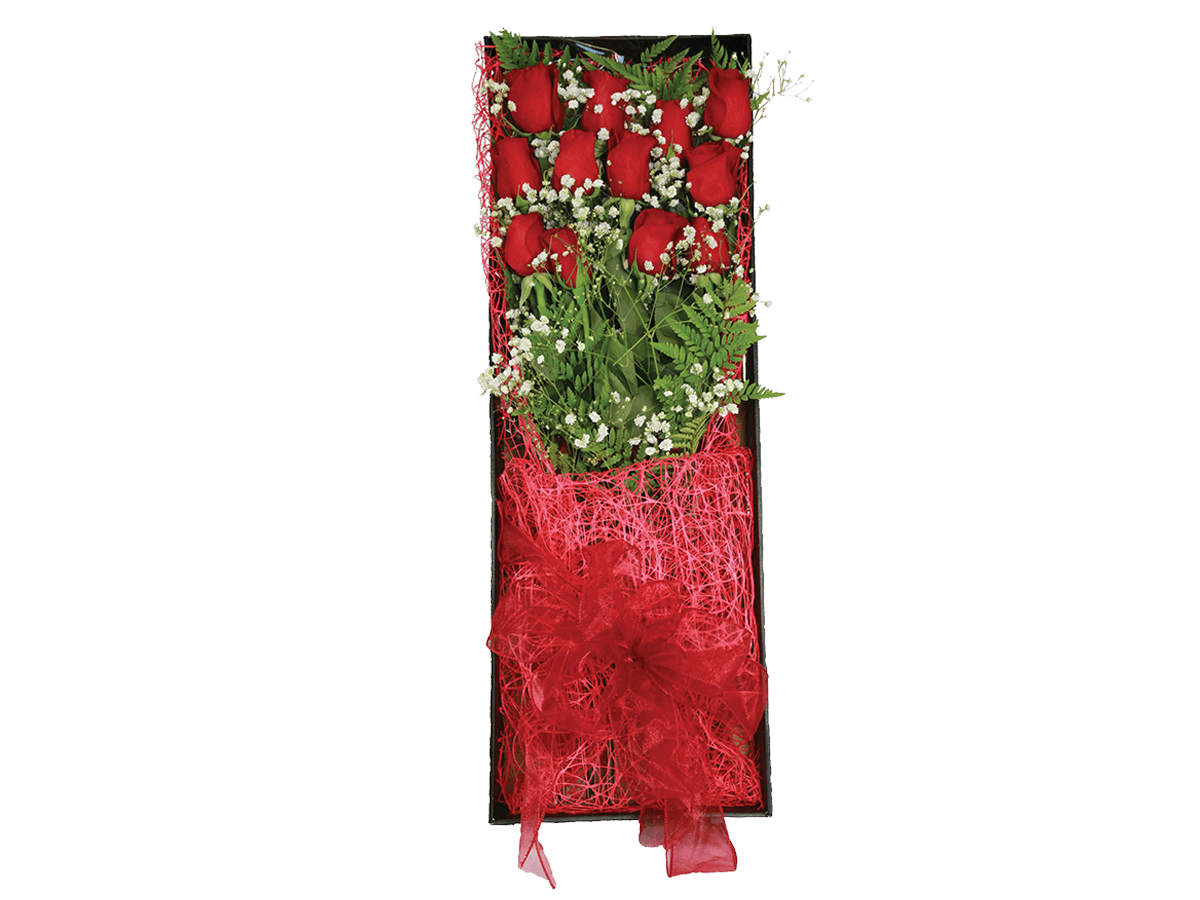 A dozen long stemmed red roses with baby's breath and greens in a gift box with red wrapping.