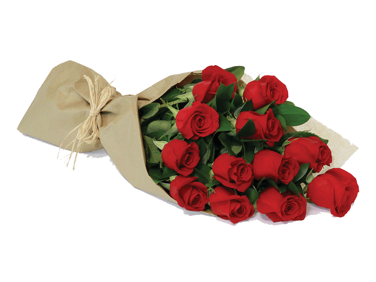 A dozen gift wrapped red roses with greens.