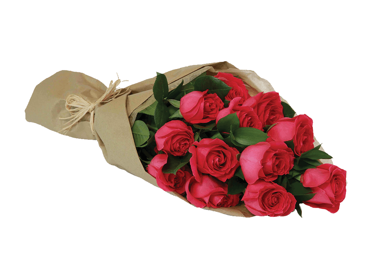A dozen gift wrapped pink roses with greens.